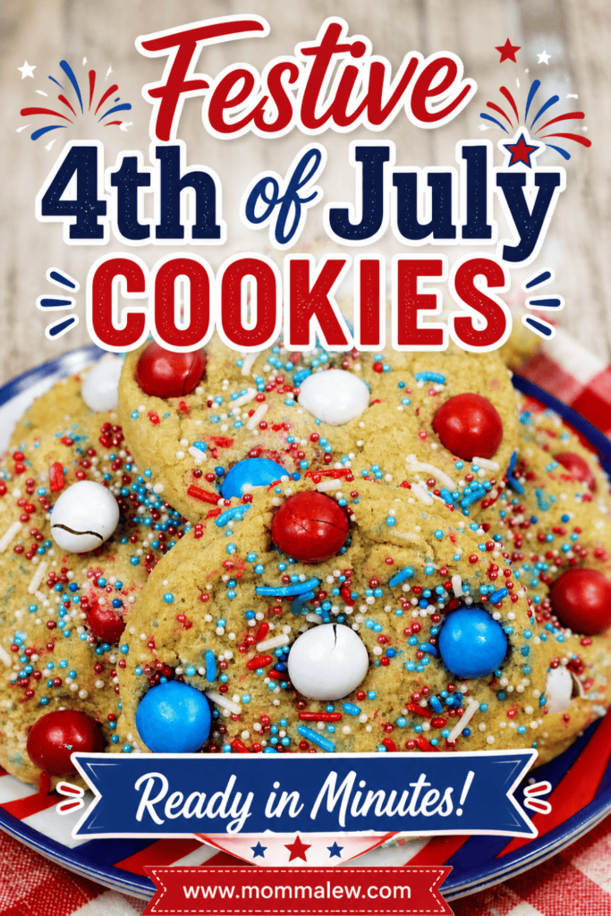 A plate of cookies decorated with red, white, and blue candies and sprinkles—Patriotic M&M Cookies—with festive text overlay reading Festive 4th of July Cookies, Ready in Minutes! on a wooden background.