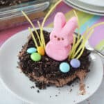 A festive Easter Dirt Cake Recipe features crushed cookies, a pink marshmallow bunny, colorful candy eggs, and green licorice strands, all served on a white plate with a pastel striped napkin underneath.