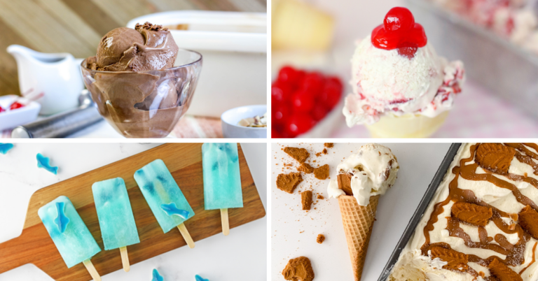 A collage of four frozen treats: chocolate ice cream in a glass dish, a white ice cream scoop with a cherry on top, blue popsicles on a wooden board, and cookie ice cream in both a cone and a pan.