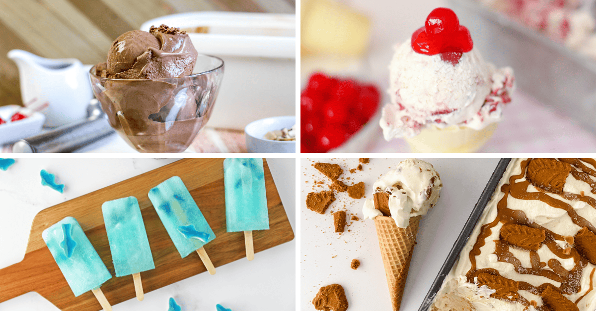 A collage of four frozen treats: chocolate ice cream in a glass dish, a white ice cream scoop with a cherry on top, blue popsicles on a wooden board, and cookie ice cream in both a cone and a pan.