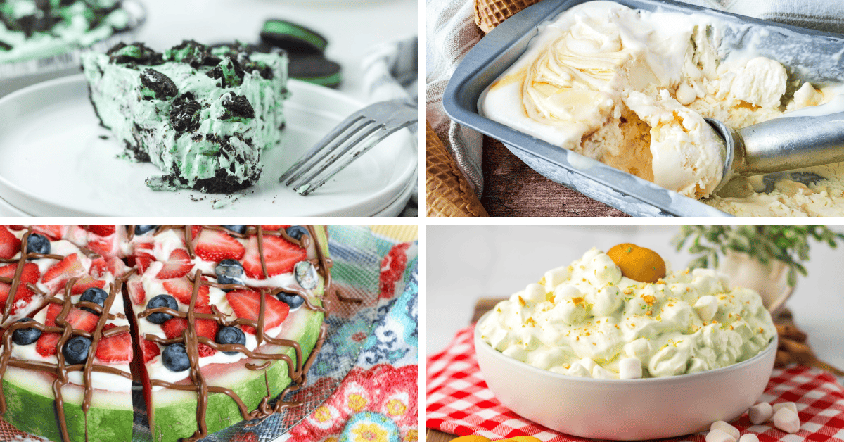 A collage of Easy No Bake Dessert Recipes with Few Ingredients: mint chocolate chip pie, vanilla ice cream being scooped, watermelon pizza topped with fruit and chocolate, and a bowl of creamy fruit salad on a red checkered cloth.