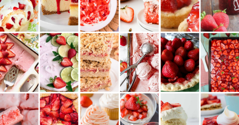 A collage of tempting strawberry desserts, including cakes, cheesecakes, cupcakes, pie, ice cream, and bars—each bursting with fresh strawberries, whipped cream, and vibrant pink and red hues.