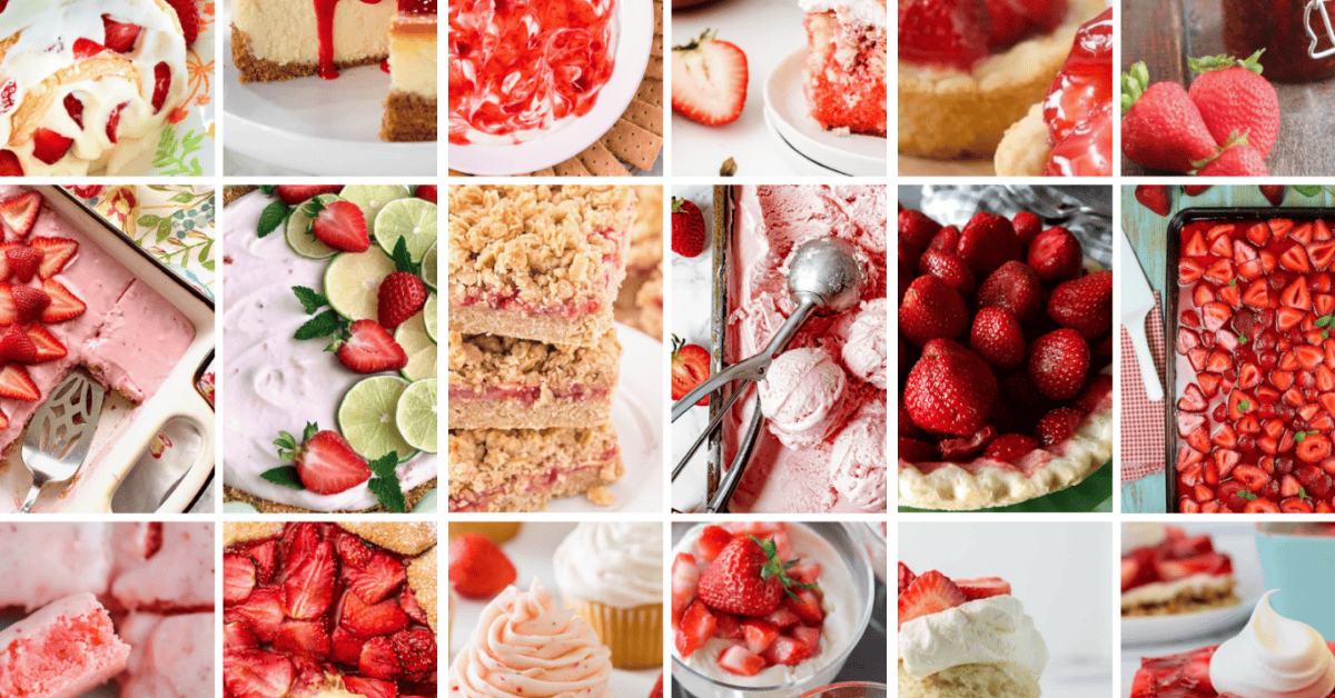 A collage of tempting strawberry desserts, including cakes, cheesecakes, cupcakes, pie, ice cream, and bars—each bursting with fresh strawberries, whipped cream, and vibrant pink and red hues.