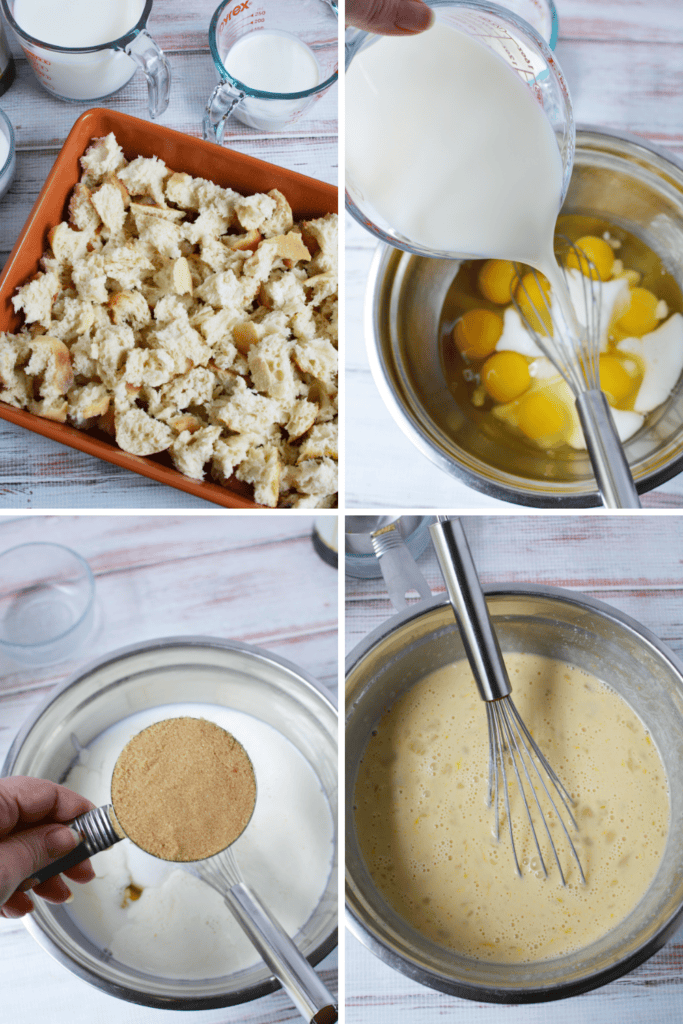 A collage of four images: torn bread in a baking dish, milk poured into a bowl with eggs, brown sugar added to a milk mixture, and a whisk mixing an Overnight French Toast Casserole batter in a metal bowl.