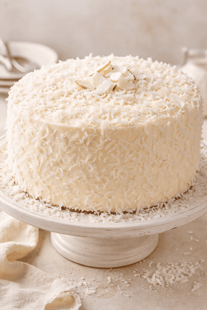 A round cake covered in white frosting and shredded coconut sits on a white cake stand, offering inspiration for carrot cake decorating ideas. Coconut flakes adorn the top and base, with utensils and a neutral background completing the scene.