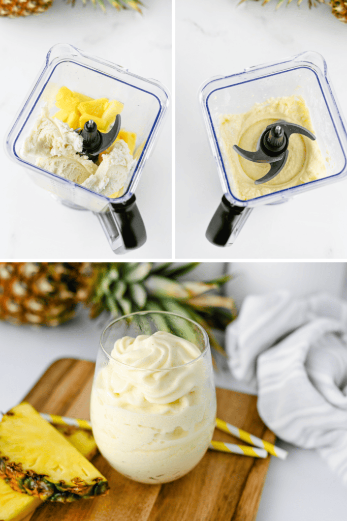 A blender filled with pineapple and ice cream, blended smooth for a creamy Disney Dole Whip Recipe. Served swirled in a glass beside pineapple slices and straws on a wooden board, with pineapples and a towel in the background.