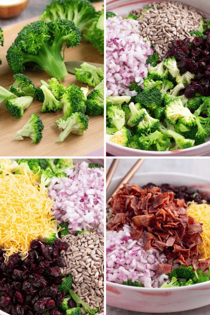 Four-panel image showing chopped broccoli on a cutting board, then broccoli in a bowl with diced red onion, sunflower seeds, and dried cranberries—mimicking the popular Costco broccoli salad—followed by shredded cheese and bacon pieces added on top.