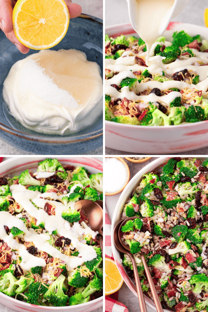 A collage of four images shows: a hand squeezing lemon over yogurt and sugar, creamy dressing poured onto a broccoli salad, the dressed salad with cranberries, and a mixed Costco broccoli salad in a serving dish.