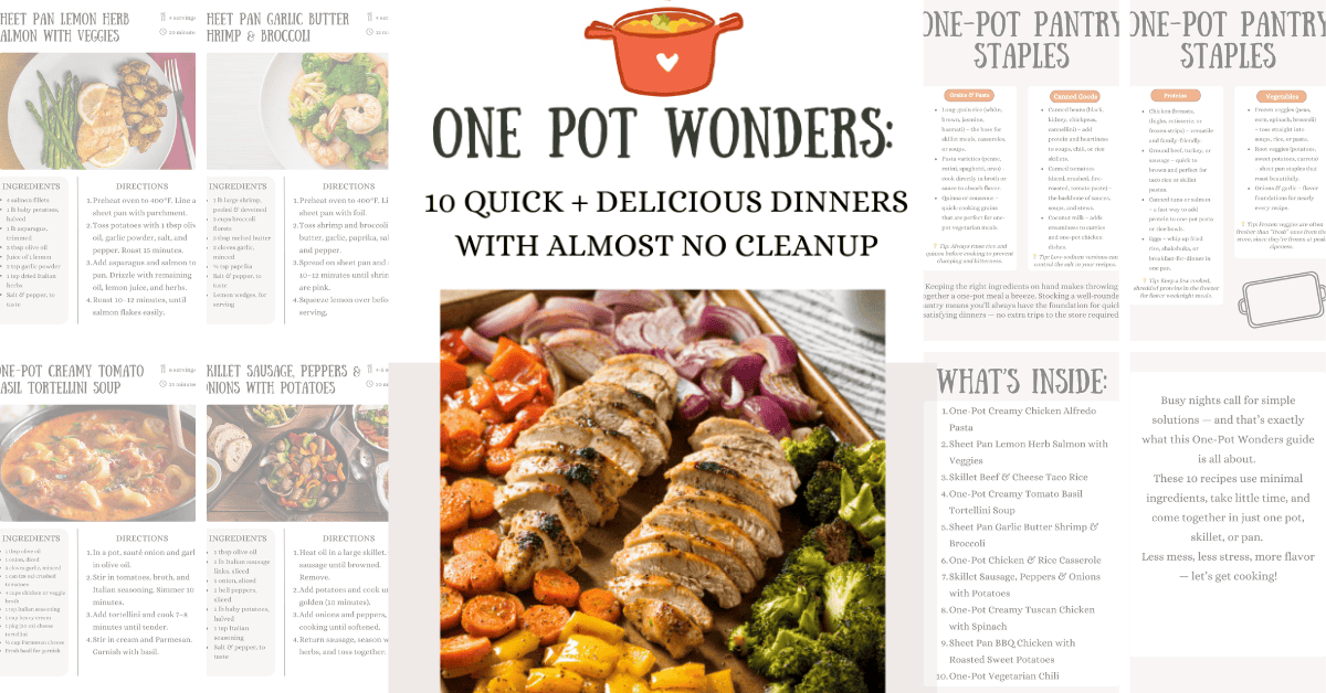A cookbook cover titled One-Pot Wonders features a mouthwatering dish of sliced chicken, roasted vegetables, and red onions on a tray, all surrounded by enticing lists of recipes and essential pantry staples.