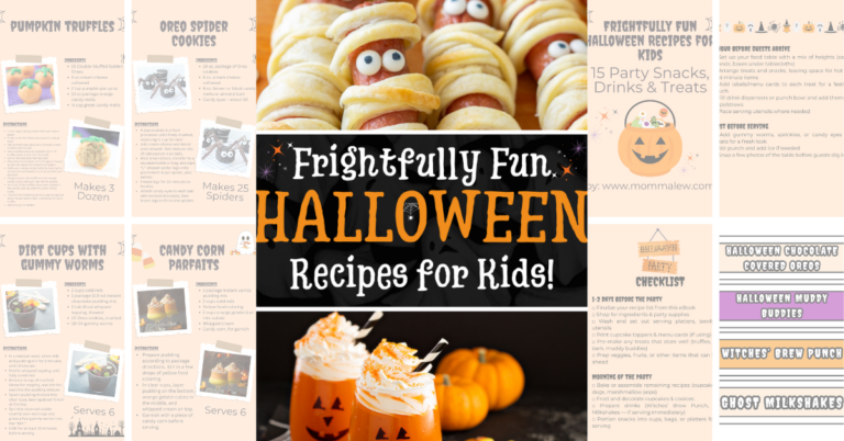 A Halloween-themed collage featuring spooky treats like mummy hot dogs, cookies, and orange drinks, with the text Frightfully Fun Halloween Recipes for Kids! in the center—perfect inspiration for your next batch of creative Halloween recipes for kids.