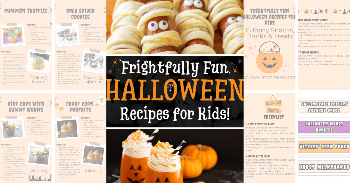 A Halloween-themed collage featuring spooky treats like mummy hot dogs, cookies, and orange drinks, with the text Frightfully Fun Halloween Recipes for Kids! in the center—perfect inspiration for your next batch of creative Halloween recipes for kids.