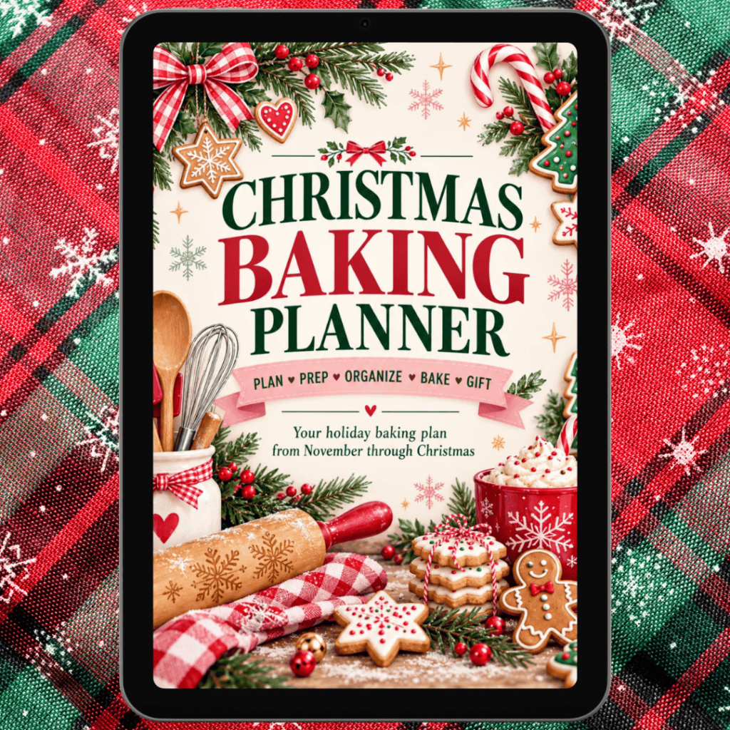 A tablet displaying a Christmas baking planner cover featuring holiday decorations, a rolling pin, and cookies—perfect for organizing your favorite snickerdoodle recipe without cream of tartar—alongside the title, Christmas Baking Planner.