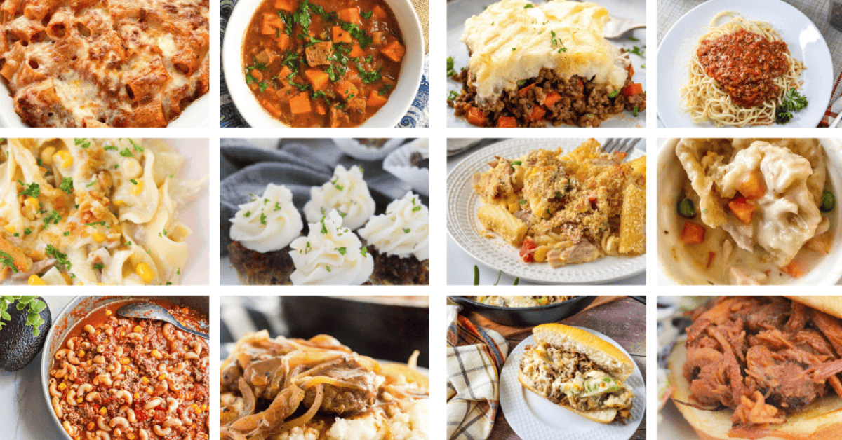 A collage of twelve hearty dinner ideas—casseroles, soups, pasta, cupcakes, stew, shepherd’s pie, and sandwiches—all arranged in a grid and photographed from above on white plates.