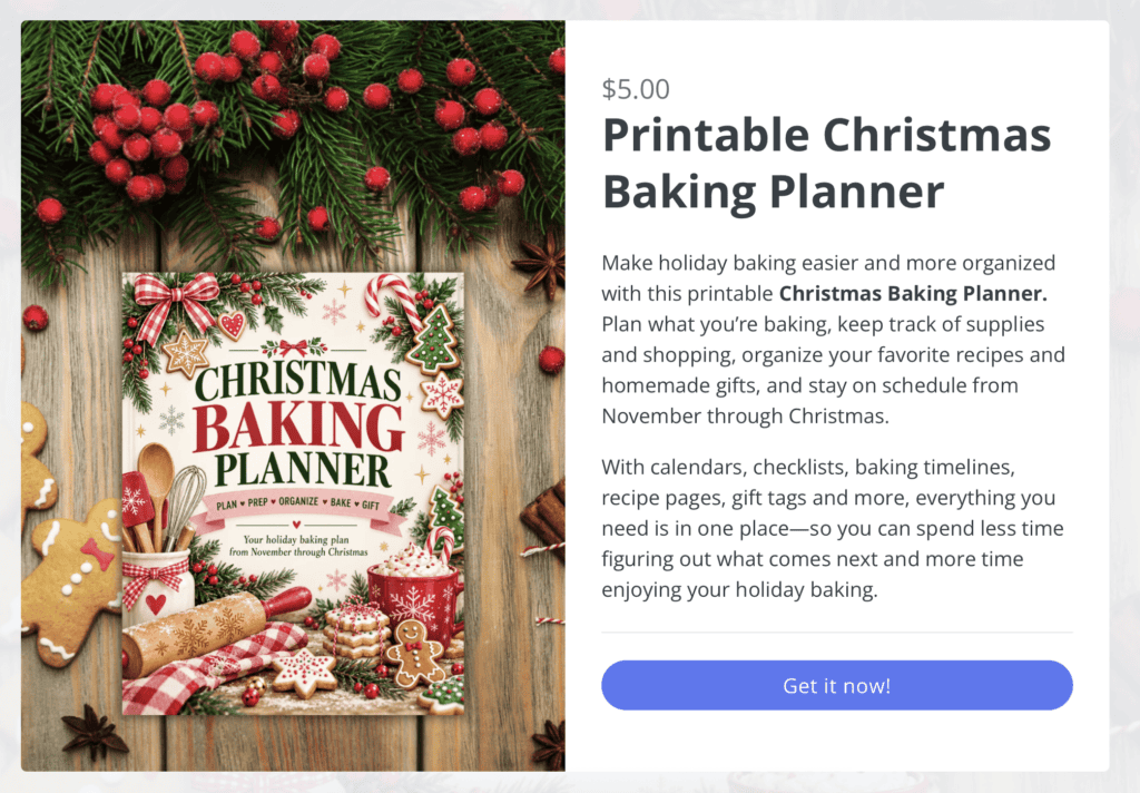 Printable Christmas baking planner product page featuring a digital cover with holiday illustrations for Christmas recipes and text, alongside a Get it now! purchase button.