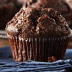 A close-up of a rich, chocolate muffin with chocolate chips in a brown paper wrapper, resting on a dark blue cloth. The muffin appears moist and freshly baked.