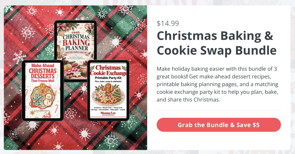 Christmas baking and cookie swap digital bundle including a holiday planner, a dessert recipe book for a crockpot Christmas dinner, and a printable party kit, all displayed on a red and green plaid background.