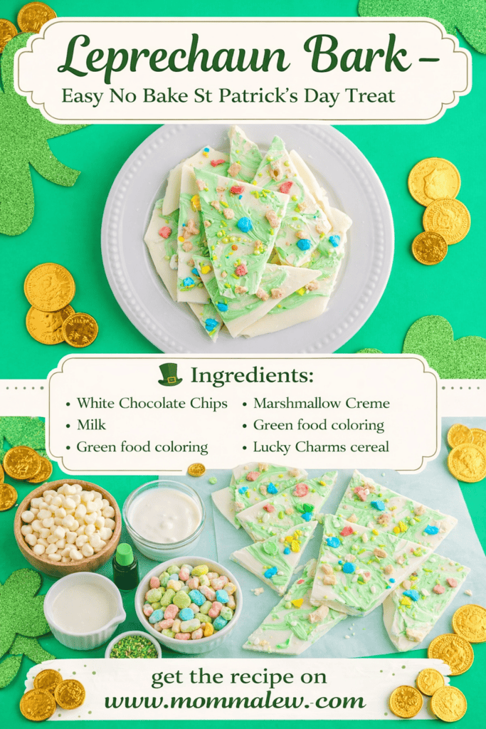 Leprechaun Bark is a festive St. Patrick’s Day treat on a plate, decorated with green clovers, gold coin candies, and ingredients like white chocolate chips, milk, marshmallow creme, food coloring, and Lucky Charms cereal.