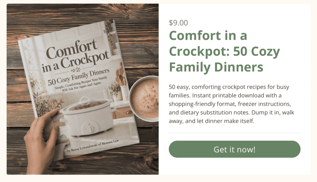 Hand holding a cookbook titled Comfort in a Crockpot: 50 Cozy Family Dinners, featuring mouthwatering crock pot recipes and a photo of a crockpot on the cover, displayed next to the price, description, and a green button labeled Get it now!.