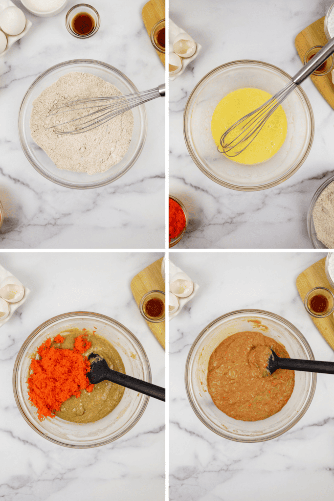 Four-step collage making carrot cake donuts: dry ingredients whisked in a bowl, wet ingredients whisked in another, grated carrots added to mixed wet and dry ingredients, and final blended batter with flecks of carrot.