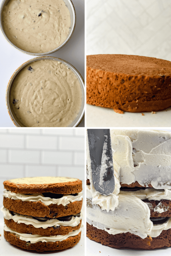 Four images show an Oreo drip cake's progression: cake batter in two pans, a baked cake layer, stacked layers with frosting in between, and luscious frosting being spread on the assembled Oreo drip cake.