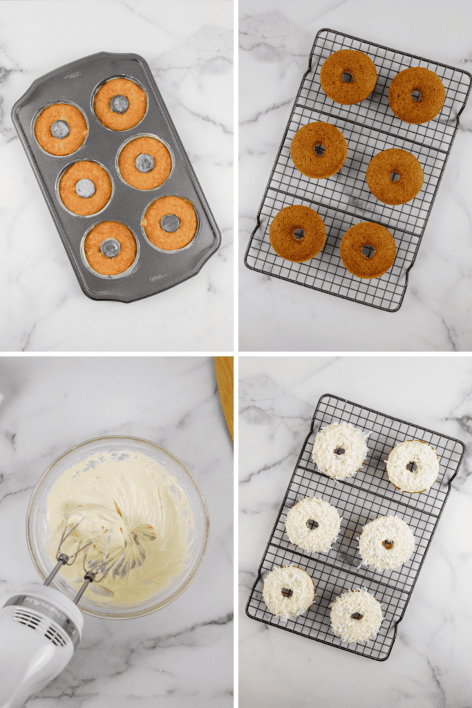 Four images: carrot cake donuts baked in a pan, cooling on a wire rack, a bowl of white frosting being mixed, and donuts topped with white frosting and sprinkles, all displayed on a marble surface.