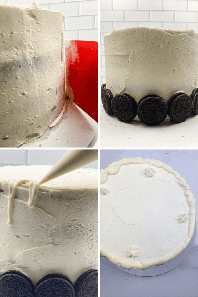 Four-step collage of an oreo drip cake being decorated: smoothing white frosting with a red scraper, adding a row of chocolate sandwich cookies at the base, piping white frosting on top, and a top view showing piped trim and small stars.