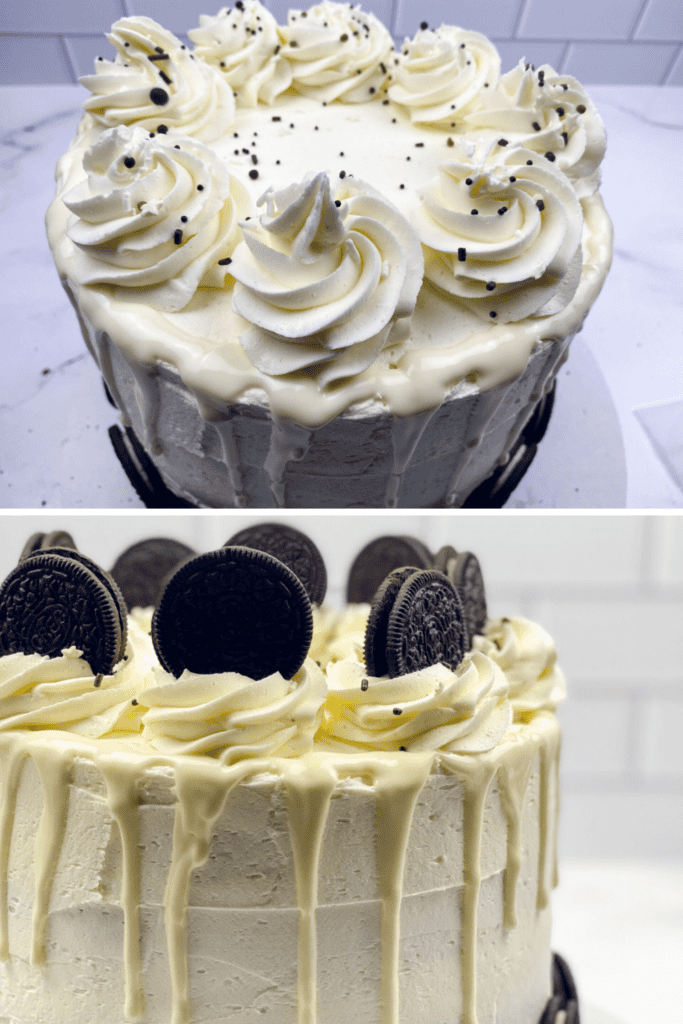 A two-layered image of a white frosted Oreo drip cake with white chocolate drip. The top photo shows swirls of whipped cream and sprinkles, while the bottom shows the cake topped with whole Oreo cookies.