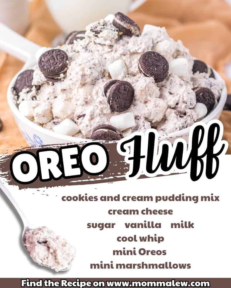 A bowl filled with Oreo fluff dessert, topped with mini Oreos and marshmallows. Text on the image highlights this easy Oreo Fluff Recipe featuring cookies and cream pudding mix, cream cheese, Cool Whip, and more.