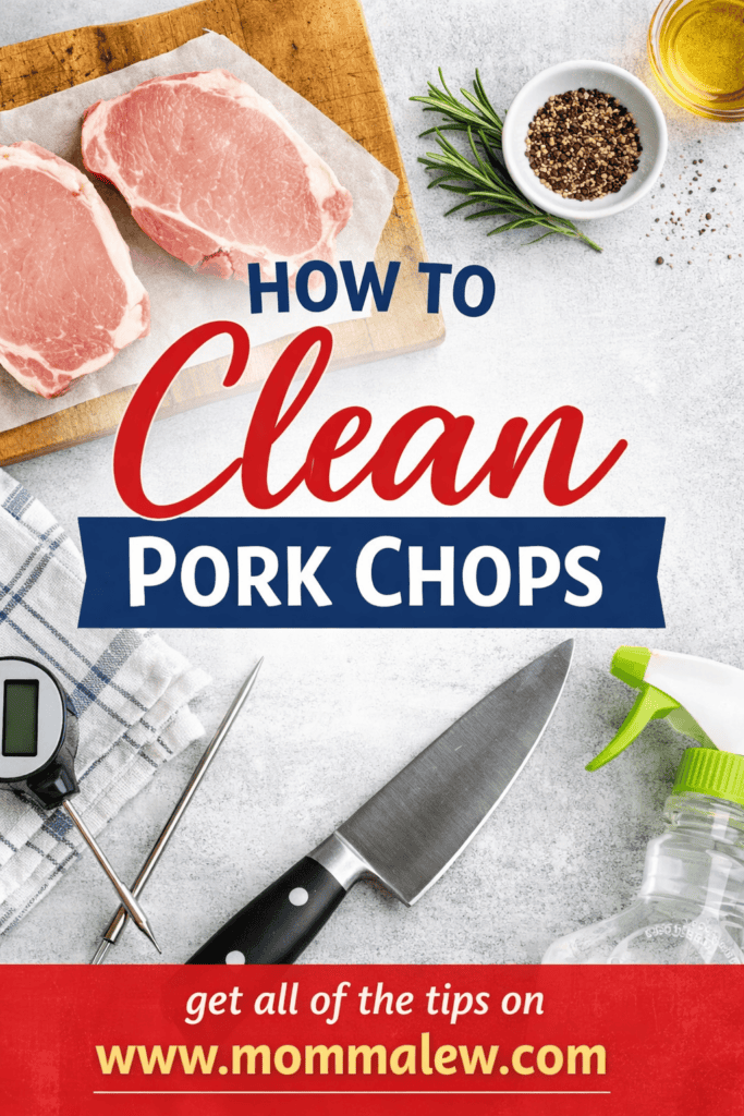 Top-down view of two raw pork chops on a cutting board, surrounded by a bowl of pepper, rosemary, oil, meat thermometer, knife, and spray bottle. Text reads: How to Clean Pork Chops—easy steps for prepping your meat at www.mommalew.com.