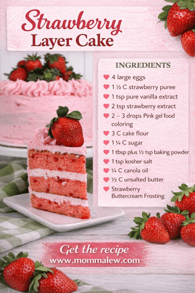 A slice of pink and white strawberry layer cake with pink frosting and a whole strawberry on top sits on a plate. Fresh strawberries are beside the cake. An ingredient list and a whole cake are in the background.