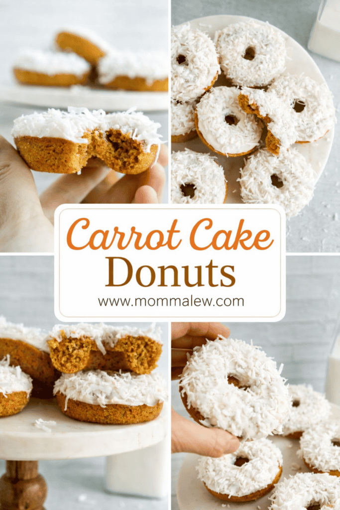 A collage showcases carrot cake donuts topped with white frosting and shredded coconut. Some carrot cake donuts have bites taken out, revealing a moist orange interior, while others are stacked on a plate or held in hand. Text reads Carrot Cake Donuts.