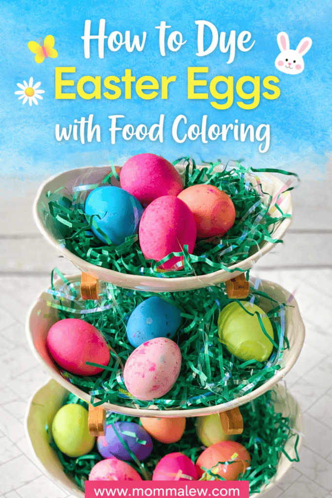 A three-tiered tray displays brightly colored Easter eggs on green shredded paper. Text above reads, How to Dye Eggs with Food Coloring. The image is cheerful and festive, perfect for your Easter celebration.