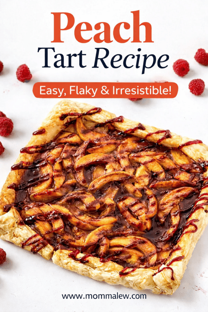 Square peach tart with golden, flaky crust and peach slices on top, drizzled with sauce. Surrounded by fresh raspberries. Text reads: Peach Tart Recipe—easy, flaky & irresistible! Find the best peach tart recipe at www.mommalew.com.
