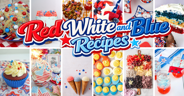 A collage of festive red, white, and blue desserts and drinks—cupcakes, layered cakes, cookies, fruit, and more—with “Red White & Blue recipes” boldly displayed across the center.