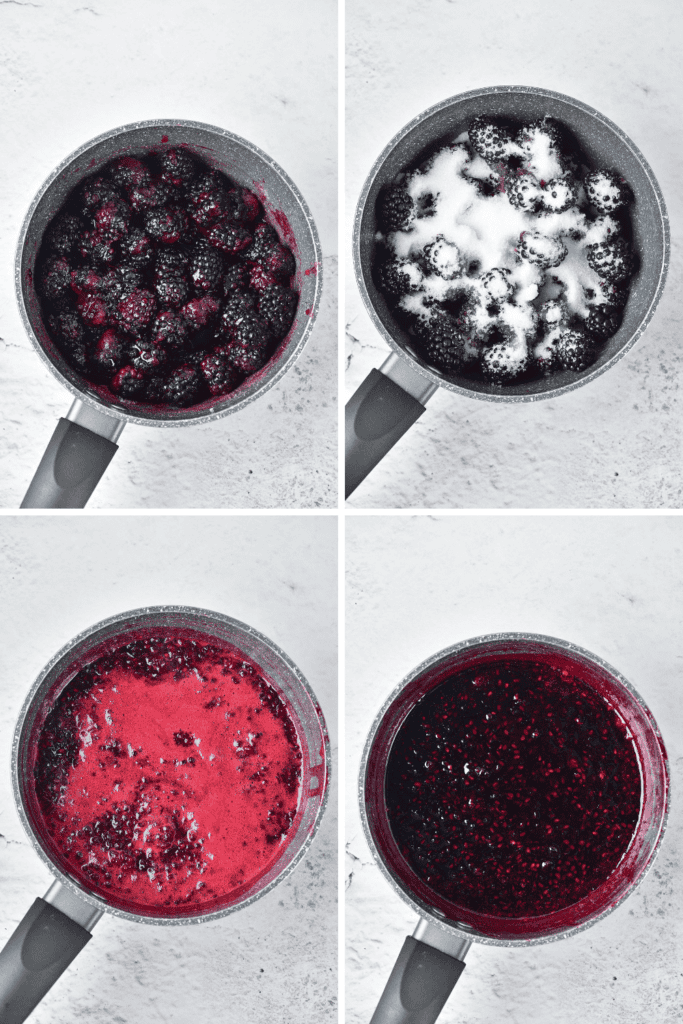 Four-panel image showing a saucepan with blackberries, then blackberries with sugar, next the boiling mixture, and finally a thick, glossy dark berry sauce—capturing each step of this simple blackberry jam recipe.