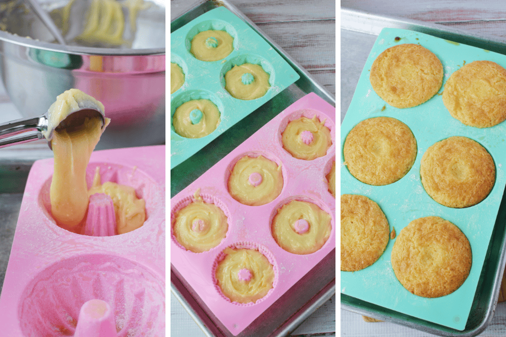 Three-panel image: Easter Mini Bundt Cakes batter is scooped into pink silicone molds, placed on an oven tray, then removed, revealing golden, freshly baked cakes in pink and blue molds. A mixing bowl sits in the background.