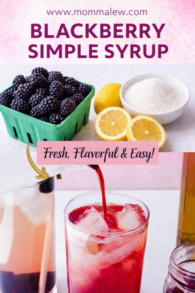 A basket of blackberries, lemons, and a bowl of sugar sits above glasses of iced drinks being poured with blackberry simple syrup, with text: Blackberry Simple Syrup—Fresh, Flavorful & Easy!.