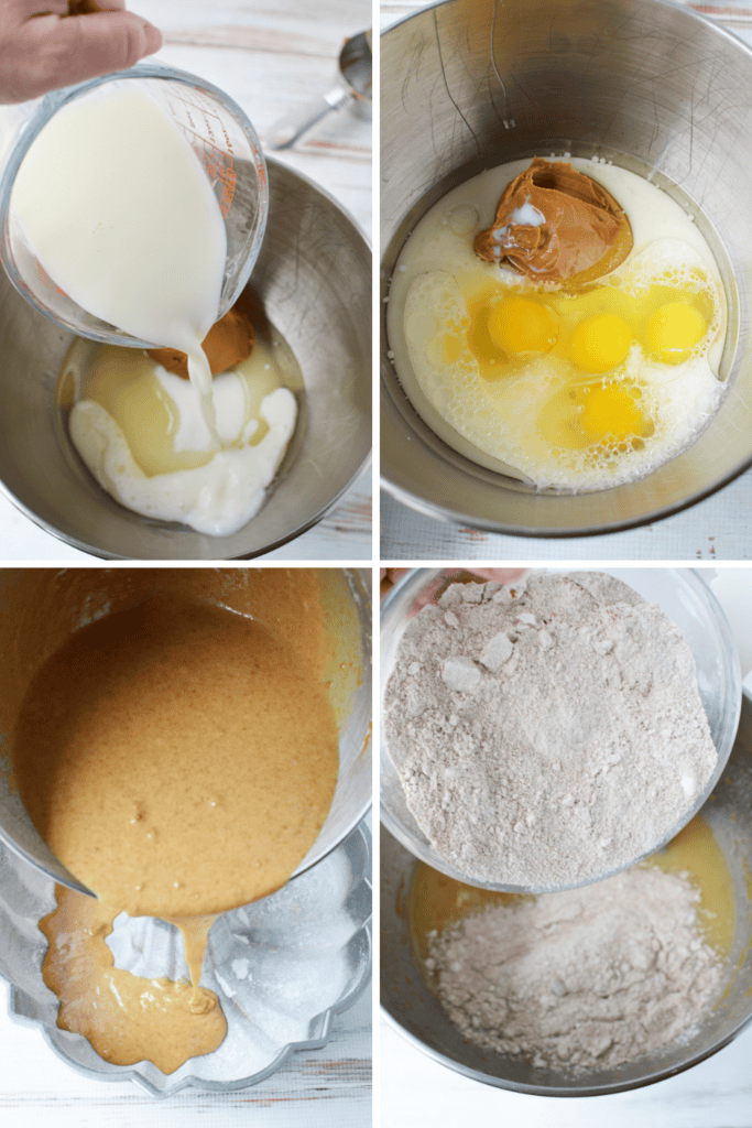 Four-panel image: 1) Milk is poured into a bowl with eggs and peanut butter. 2) Close-up of eggs, peanut butter, and milk—perfect for Biscoff Bundt cake. 3) Smooth batter in a Bundt pan. 4) Flour mixture added to wet ingredients.