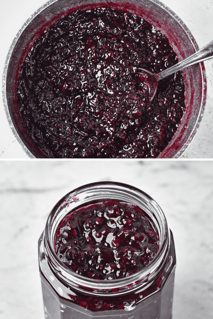 A pot of dark berry jam with a spoon and a close-up of the jam in a glass jar, both on a light surface, showcasing the rich texture and vibrant color that make this blackberry jam recipe truly irresistible.