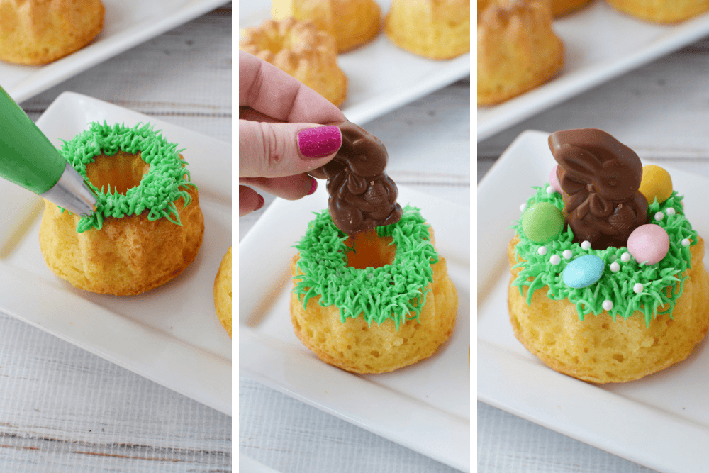 Three-panel image showing the steps of decorating Easter Mini Bundt Cakes: piping green frosting as grass, adding a chocolate bunny, and finishing with candy eggs and sprinkles for a festive Easter-themed treat.