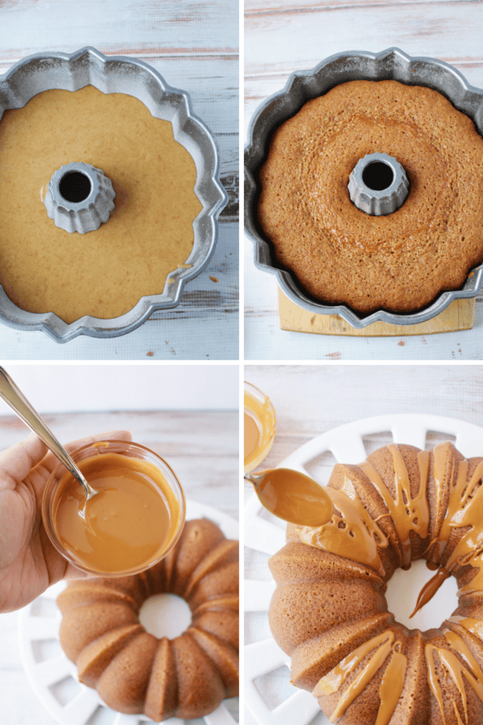 Four-panel image showing steps of making a Biscoff Bundt cake: batter in a bundt pan, baked cake in the pan, hand stirring caramel glaze in a bowl, and glaze being drizzled over the cooled Biscoff Bundt cake.