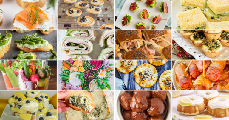 A collage of 16 different appetizers and snacks, featuring Spring Finger Foods like finger sandwiches, vegetables, dips, meatballs, cheese-stuffed pastries, fruit cups, and bite-sized savory and sweet treats arranged on various platters and dishes.