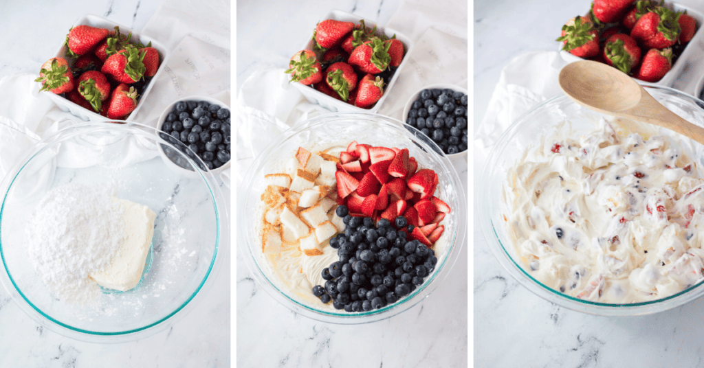 Three-step collage showing a dessert being made: cream cheese and powdered sugar in a bowl, then mixed with strawberries, blueberries, and cake cubes—finally combined into a creamy Very berry cheesecake salad.
