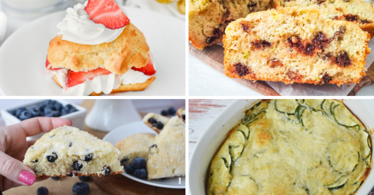 A collage of four baked goods: top left, a strawberry shortcake with whipped cream; top right, chocolate chip bread slices; bottom left, a hand holding a blueberry scone; bottom right, a zucchini casserole—classic Bisquick recipes.
