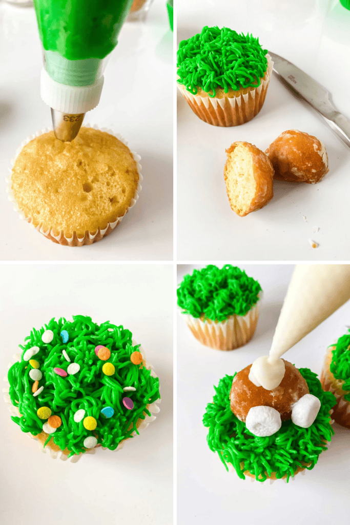 A four-step collage shows: piping green icing onto a cupcake, halved doughnut holes, a cupcake topped with sprinkles, and assembling an Easter bunny cupcakes tail and feet from icing and doughnut pieces on the grass cupcake.