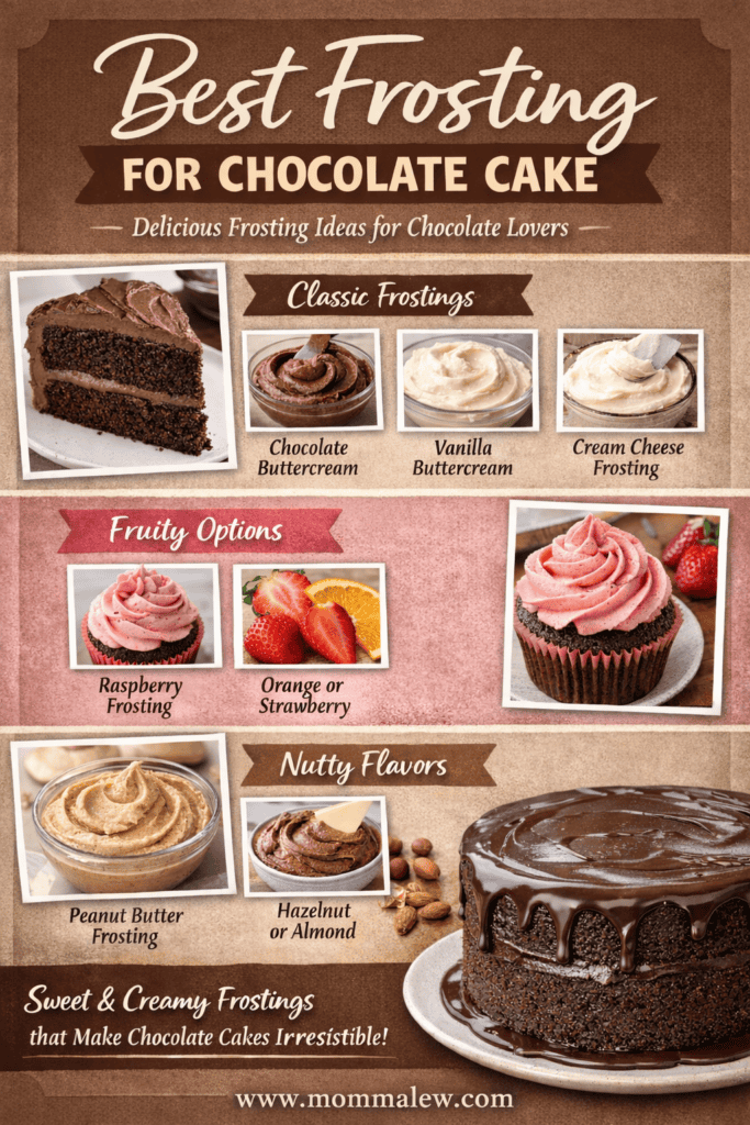 Infographic titled Best Frosting for Chocolate Cake displays tempting slices topped with buttercream, vanilla, cream cheese, raspberry, orange/strawberry, peanut butter, hazelnut/almond frostings—and a whole cake as the ultimate Best Frosting for Chocolate Cake showcase.
