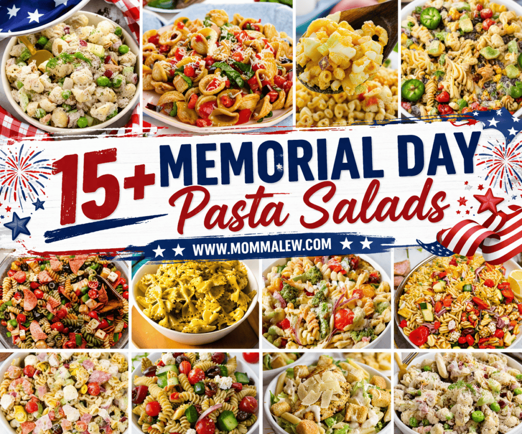 A collage of vibrant Memorial Day pasta salads surrounds a banner that reads 15+ Memorial Day Pasta Salads, adorned with patriotic decorations and fireworks. Various pasta shapes, vegetables, and dressings add festive flair.