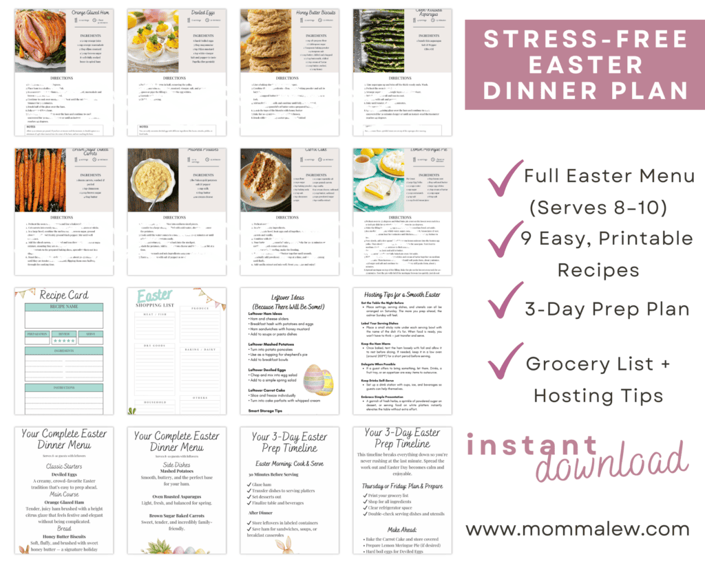 A collage displays pages from a âStress-Free Easter Dinner Planâ with recipes, a grocery list, a 3-day prep plan, and hosting tips. Text highlights printable menu and instant download at www.mommalev.com. Pink and white color theme.
