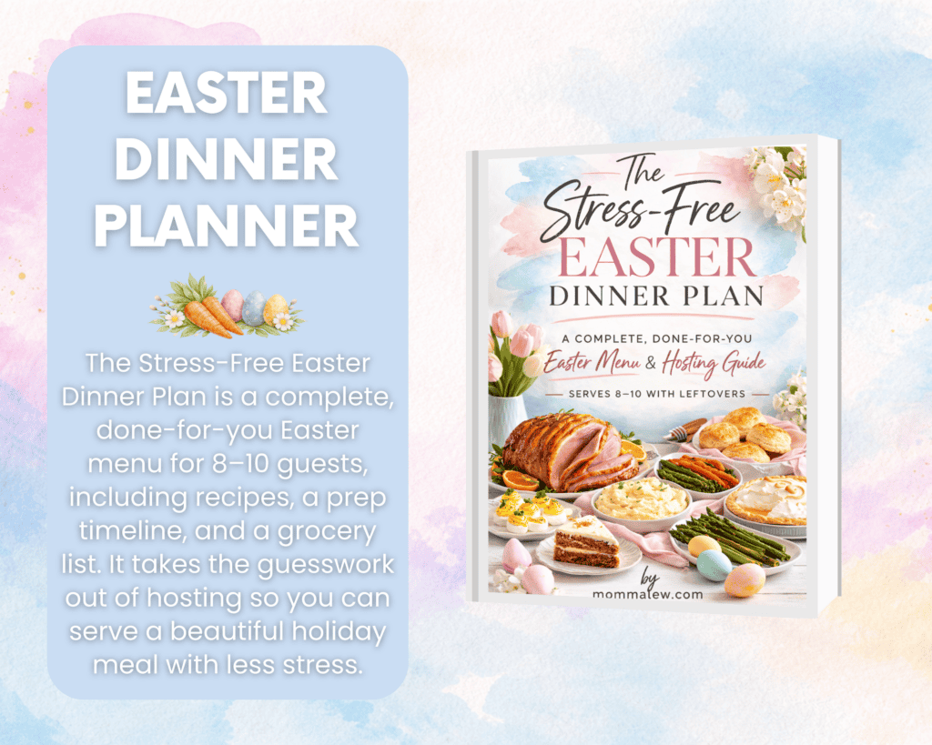A promotional graphic for The Stress-Free Easter Dinner Plan book features its cover with Easter dishes, decorated eggs, and flowers. Text describes the book as an all-in-one Easter menu and planning guide for 8â10 guests.