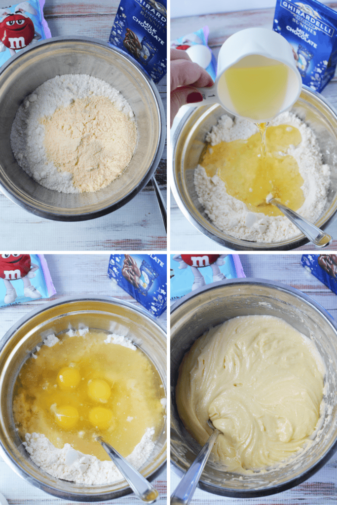 Four photos show cookie dough being prepared: dry ingredients in a bowl, oil poured in, eggs added, and the final smooth batter—perfect for Easter Mini Bundt Cakes. Packages of chocolate chips and M&Ms are visible in the background.